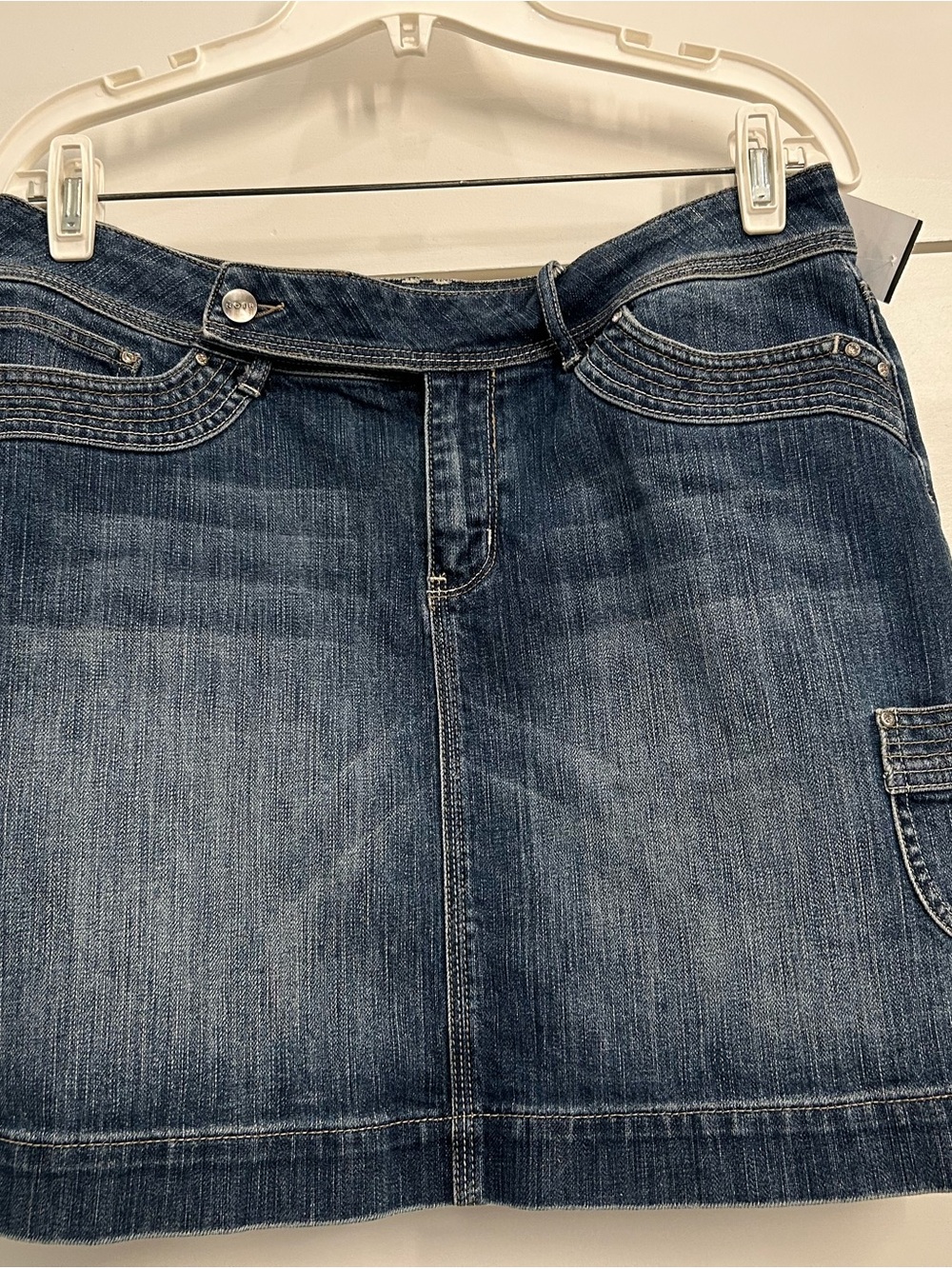 Noir Dark Blue Denim Skirt with Rhinestone & Embroidery Accents